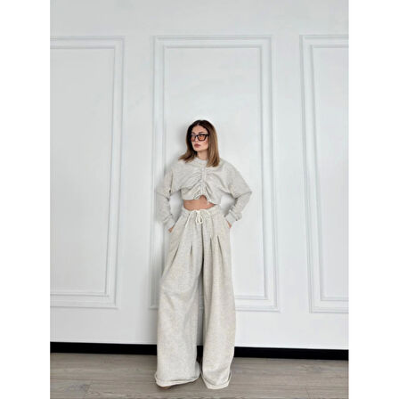 Lucky Life Kadın Uzun Kollu Önü İp Büzgülü  Crop Ve Pantolon İkili Takım - Gri