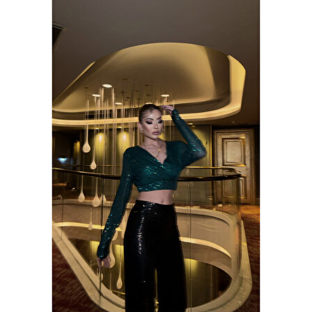 PULLU CROP KRUVAZE BLUZ - Zümrüt