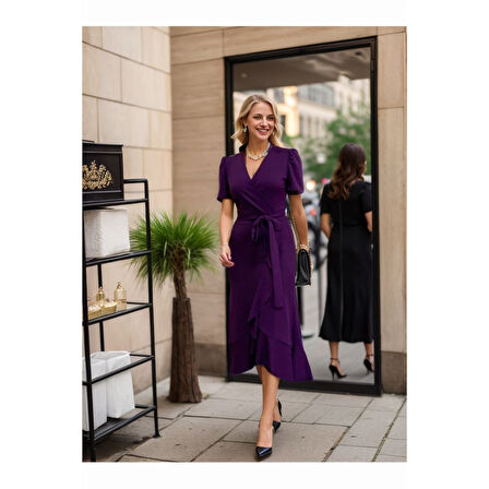 Kadın Kruvaze Yaka Midi Boy Kuşaklı Krep Elbise  0 Cm