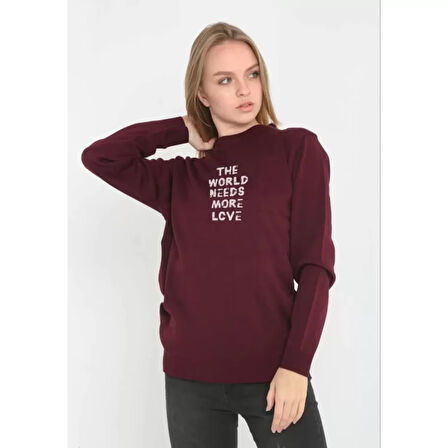 Lucky Life Unisex Bisiklet Yaka Baskılı Dokuma Triko - Bordo