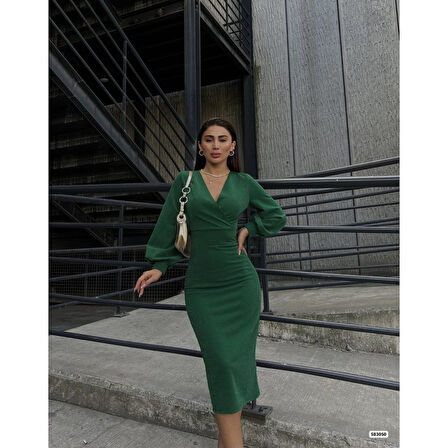 Lucky Life Kadın  Kruvaze Yaka Balon Kol Simli Krep Kumaş Midi Boy Elbise