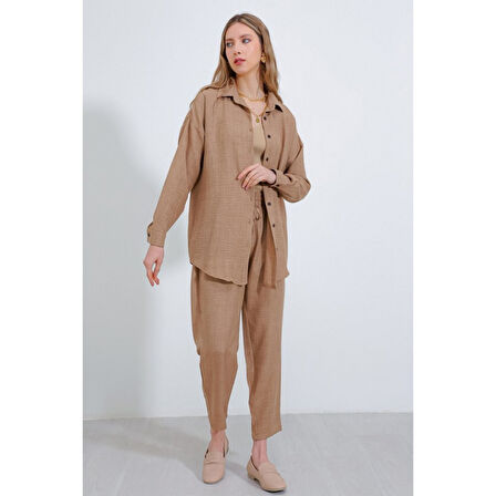 Camel Oversize Lucky Life Kadın Keten  Alt Üst Takım 6Lucky Life Kadın 2
