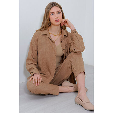 Camel Oversize Lucky Life Kadın Keten  Alt Üst Takım 6Lucky Life Kadın 2