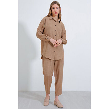 Camel Oversize Lucky Life Kadın Keten  Alt Üst Takım 6Lucky Life Kadın 2
