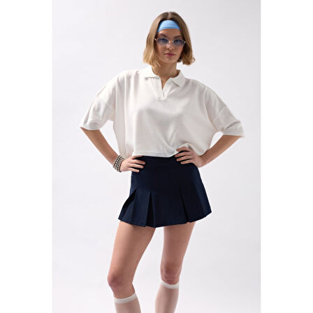 Lucky Life Kadın Polo Yaka Crop Dokulu Bluz