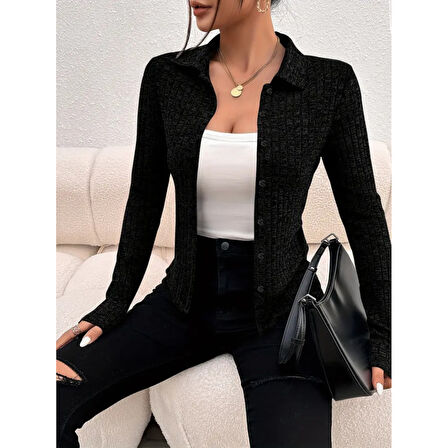 Lucky Life Kadın Uzun Kollu Yakalı önden Düğmeli Kısa Ceket