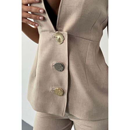 KETEN GOLD DÜĞMELİ YELEK - PANTOLON TK - Bej