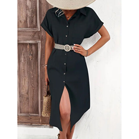 Lucky Life Kadın Kısa Kollu Yakalı Düğme Detay Midi Dokuma Elbise