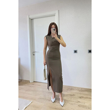 Lucky Life Kadın Yırtmaç Detaylı Kolsuz Elbise - Antrasit