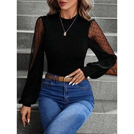 Lucky Life Kadın Uzun Kollu Yarı Balıkçı Yaka Kolları Tül Detaylı Ithal Krep Bluz