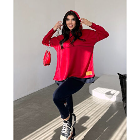 Lucky Life Kadın Kırmızı Kapşonlu Etek Ucu Detay Arma Ters Dikiş Gorunumlu Ikili Takım