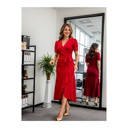 Lucky Life Kadın Kadın Kruvaze Yaka Midi Boy Kuşaklı Krep Elbise 120 Cm