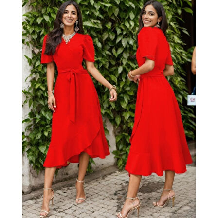 Lucky Life Kadın Kadın Kruvaze Yaka Midi Boy Kuşaklı Krep Elbise 120 Cm