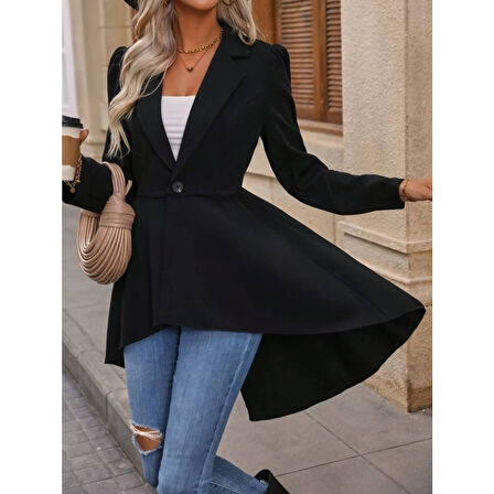 Lucky Life Kadın Uzun Kollu Yakalı önden Düğmeli Uzun Atlas Blazer Ceket