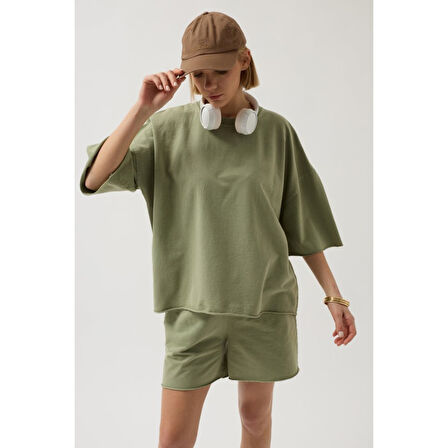 Oversize Lucky Life Kadın Lazer Kesim Bisiklet Yaka T-Shirt