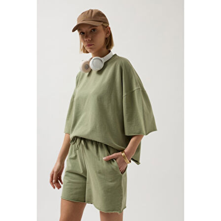 Oversize Lucky Life Kadın Lazer Kesim Bisiklet Yaka T-Shirt