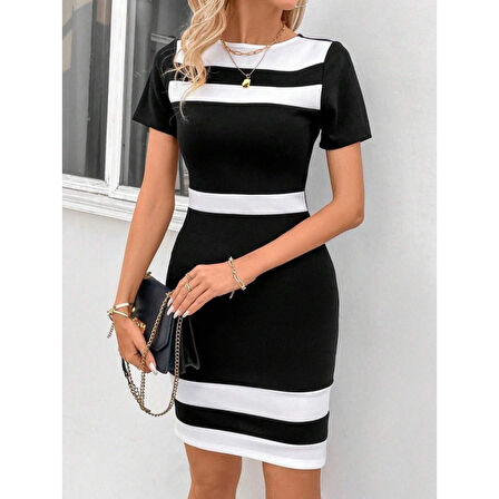 Lucky Life Kadın Kısa Kollu Bisiklet Yaka çift Renkli Ithal Krep Elbise