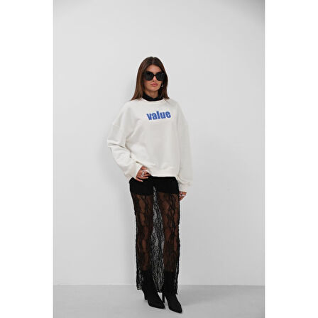 Baskılı Sıfır Yaka Oversize Sweatshirt