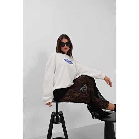 Baskılı Sıfır Yaka Oversize Sweatshirt