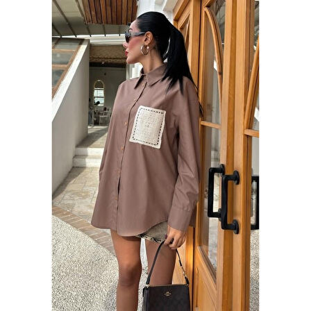 Süzine Cepli Lucky Life Kadın Arkası Yırtmaçlı Oversize Gömlek 