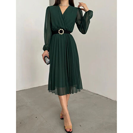 Lucky Life Kadın şifon Kumaş Astalı Kloş Kesim Kruvaze Yaka Midi Boy Elbise