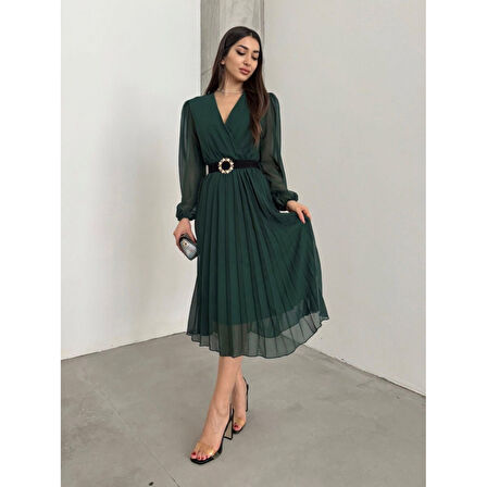 Lucky Life Kadın şifon Kumaş Astalı Kloş Kesim Kruvaze Yaka Midi Boy Elbise