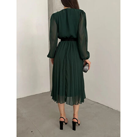 Lucky Life Kadın şifon Kumaş Astalı Kloş Kesim Kruvaze Yaka Midi Boy Elbise