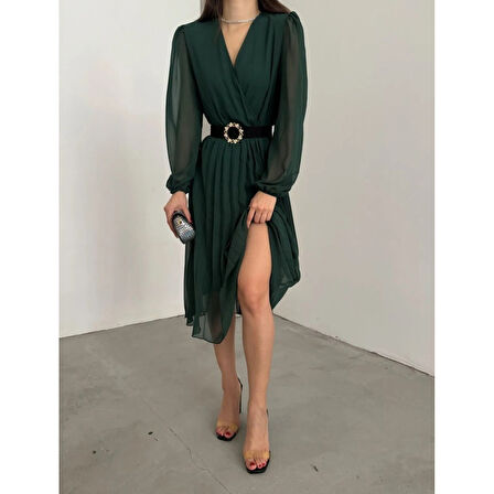 Lucky Life Kadın şifon Kumaş Astalı Kloş Kesim Kruvaze Yaka Midi Boy Elbise