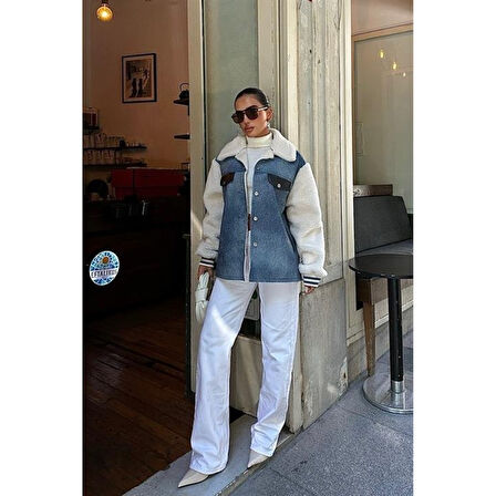Lucky Life Kadın İçi Kürklü Deri Garnili Denim Görünümlü Ceket 