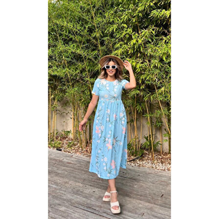 Lucky Life Kadın Kısa Kollu çiçek Baskı Midi Boy Süprem Elbise