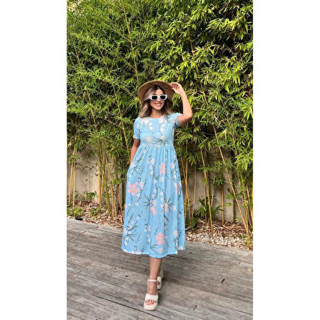 Lucky Life Kadın Kısa Kollu çiçek Baskı Midi Boy Süprem Elbise