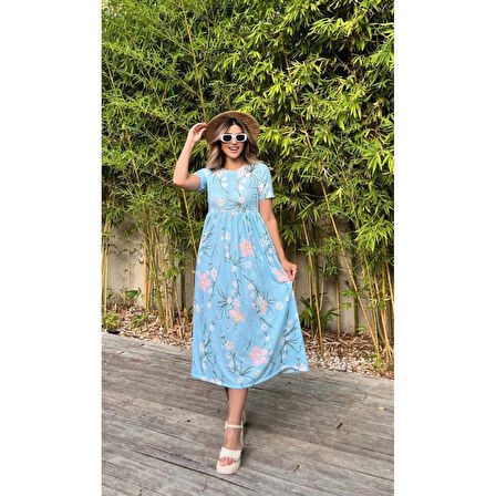 Lucky Life Kadın Kısa Kollu çiçek Baskı Midi Boy Süprem Elbise