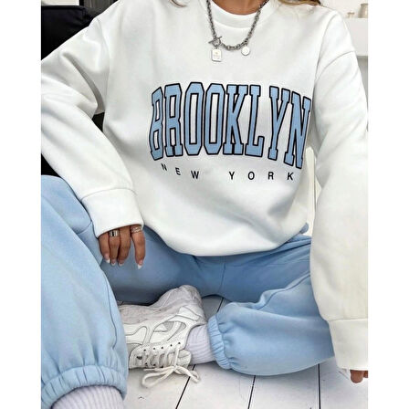 Lucky Life Kadın Bisiklet Yaka Brooklyn Baskılı üç Iplik Kumaş Sweat