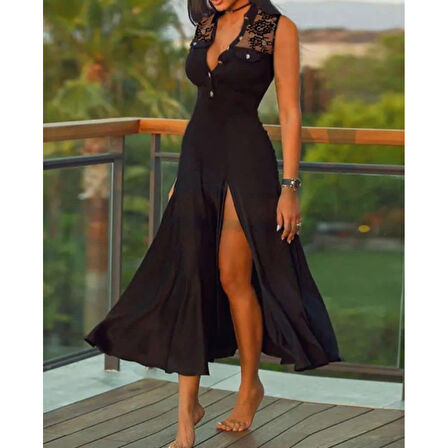 Lucky Life Kadın Sıfır Kol Hakim Yaka önden Düğmeli Dantel Detaylı Yırtmaçlı Viskon Midi Elbise