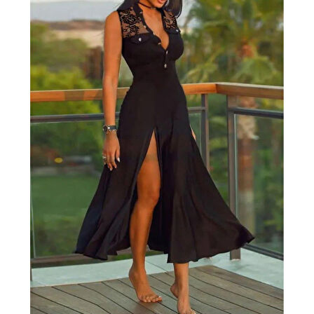 Lucky Life Kadın Sıfır Kol Hakim Yaka önden Düğmeli Dantel Detaylı Yırtmaçlı Viskon Midi Elbise