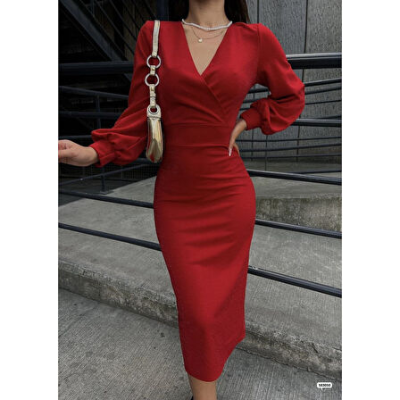 Lucky Life Kadın  Kruvaze Yaka Balon Kol Simli Krep Kumaş Midi Boy Elbise