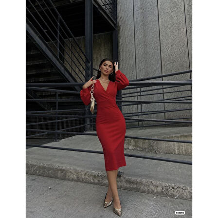 Lucky Life Kadın  Kruvaze Yaka Balon Kol Simli Krep Kumaş Midi Boy Elbise