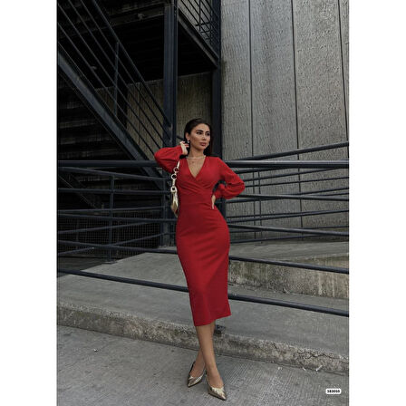 Lucky Life Kadın  Kruvaze Yaka Balon Kol Simli Krep Kumaş Midi Boy Elbise