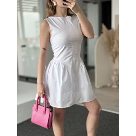 Lucky Life Kadın Fermuar Detaylı Mini Elbise - Beyaz