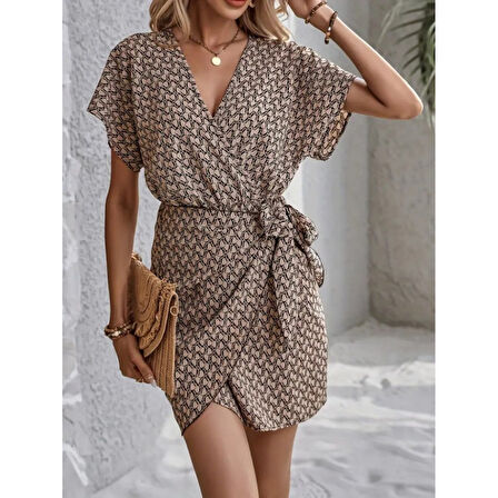 Lucky Life Kadın Kısa Yarasa Kollu önden Kruvaze Yaka Detaylı önden Bağlamalı Desenli Süprem Elbise