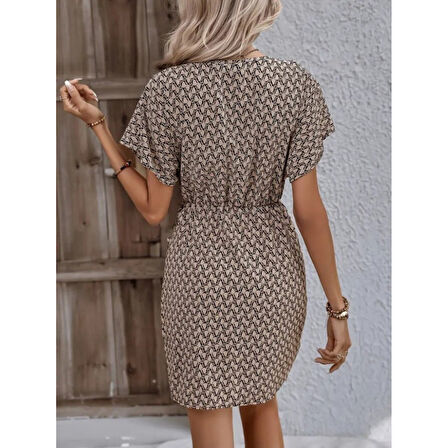 Lucky Life Kadın Kısa Yarasa Kollu önden Kruvaze Yaka Detaylı önden Bağlamalı Desenli Süprem Elbise