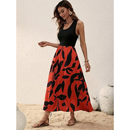 Lucky Life Kadın Askılı Yuvarlak Yaka üst Viskon Alt Desenli Uzun Süprem Elbise