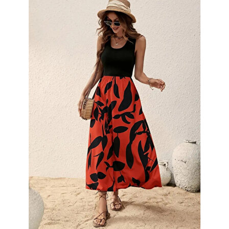 Lucky Life Kadın Askılı Yuvarlak Yaka üst Viskon Alt Desenli Uzun Süprem Elbise