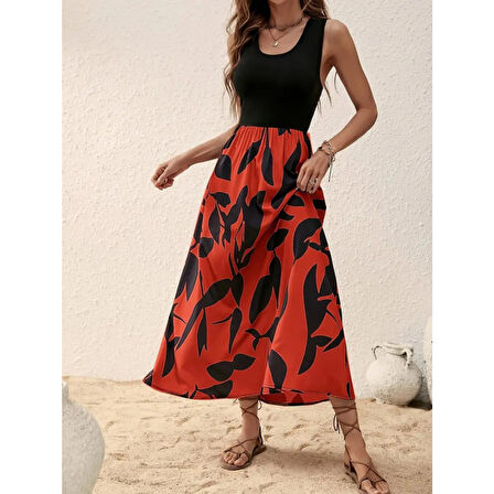 Lucky Life Kadın Askılı Yuvarlak Yaka üst Viskon Alt Desenli Uzun Süprem Elbise