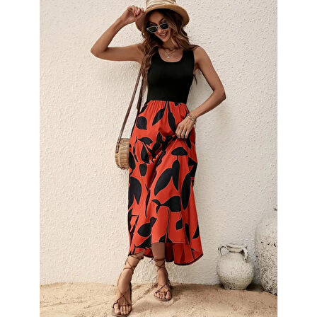 Lucky Life Kadın Askılı Yuvarlak Yaka üst Viskon Alt Desenli Uzun Süprem Elbise