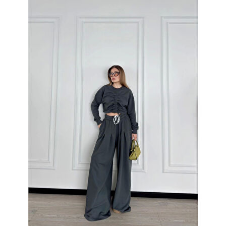 Lucky Life Kadın Uzun Kollu Önü İp Büzgülü Crop Ve Pantolon İkili Takım - Antrasit