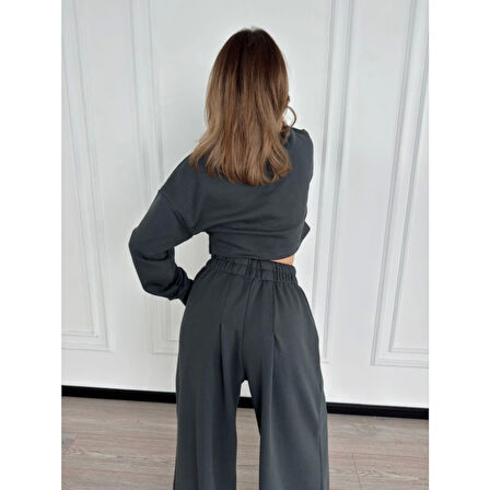 Lucky Life Kadın Uzun Kollu Önü İp Büzgülü Crop Ve Pantolon İkili Takım - Antrasit