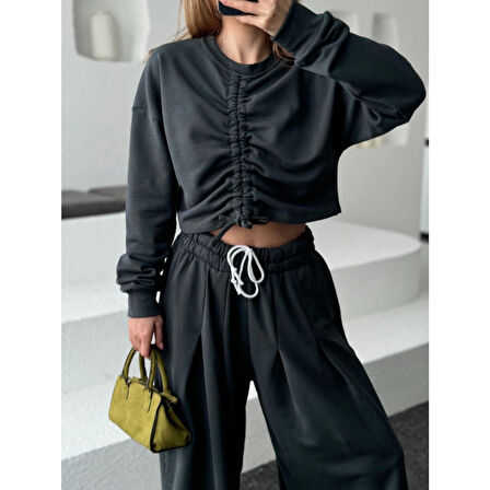 Lucky Life Kadın Uzun Kollu Önü İp Büzgülü Crop Ve Pantolon İkili Takım - Antrasit