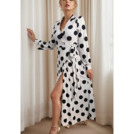 Lucky Life Kadın Uzun Kollu Kruvaze Yaka Yandan Bağlamalı Krep Tam Boy Elbise