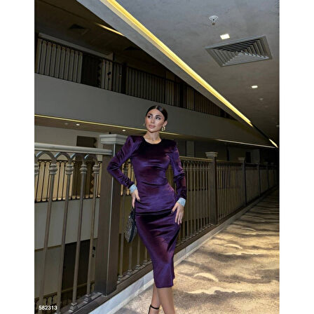 Lucky Life Kadın Bisiklet Yaka Vatkalı Manşet Detay Kadife Kumaş Midi Boy Elbise